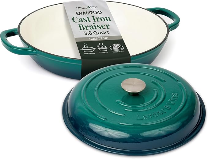 Larder & Vine Enameled Cast Iron Braiser | 3.6 qt Braiser Pan with Lid | Shallow Dutch Oven
