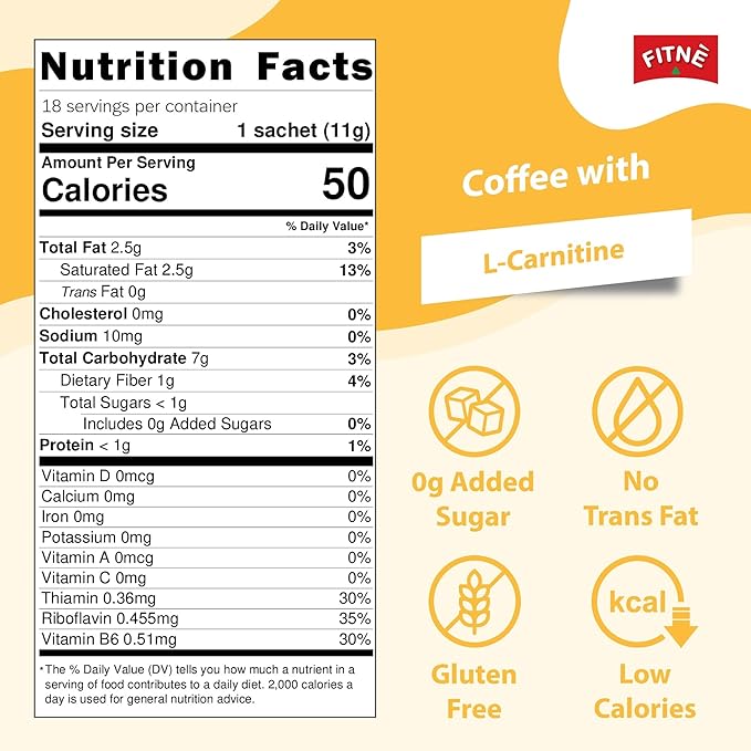 FITNE Instant 3 In 1 Coffee Packets Mix With L-Carnitine For Workout Exercise Vitamin B1 B2 B6
