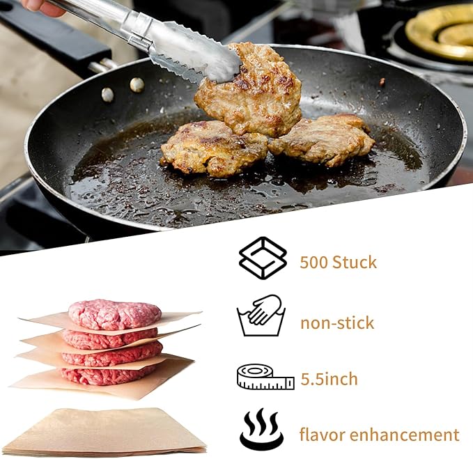 Hamburger Patty Paper Squares - burger paper 500 pieces, 5.5x5.5 in baking paper for burger press