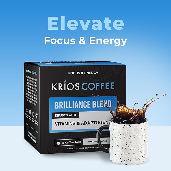 Krios Coffee Brilliance Coffee Pods, Enhance Energy & Focus with Essential Vitamins, L-Theanine