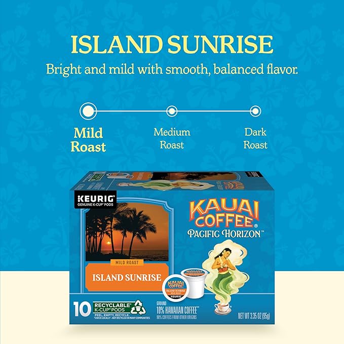 Kauai Coffee K-Cup Pods for Keurig Brewers – Arabica Coffee, 10% Hawaiian – Mild Roast, Light with