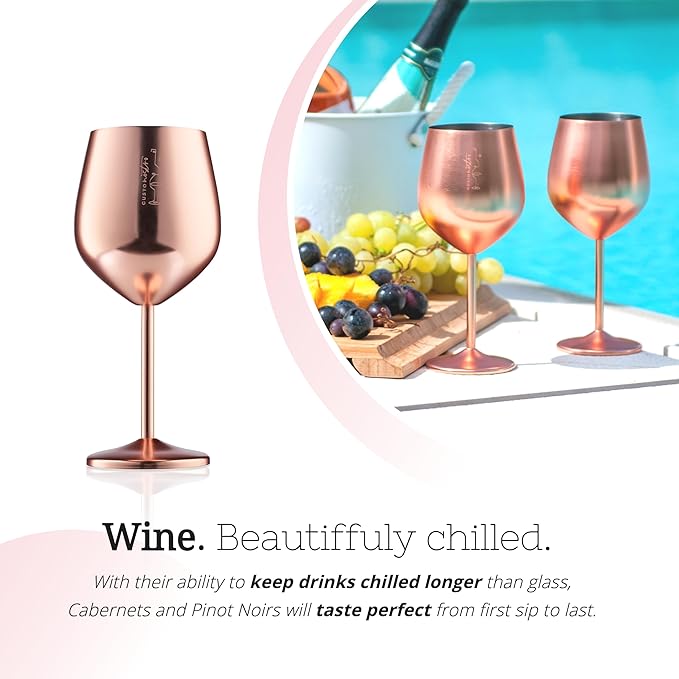 Gusto Nostro Stainless Steel Wine Glass - 18 oz - Unbreakable Rose Gold Wine Glasses for Travel