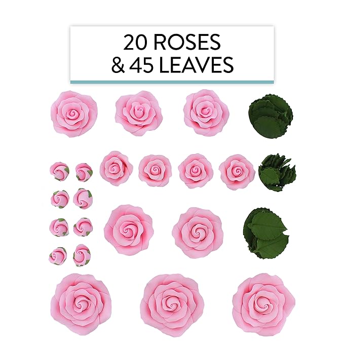 Global Sugar Art Exquisite Rose & Leaf Tray Edible Sugar Cake Flowers, Pink 20 Count Unwired by