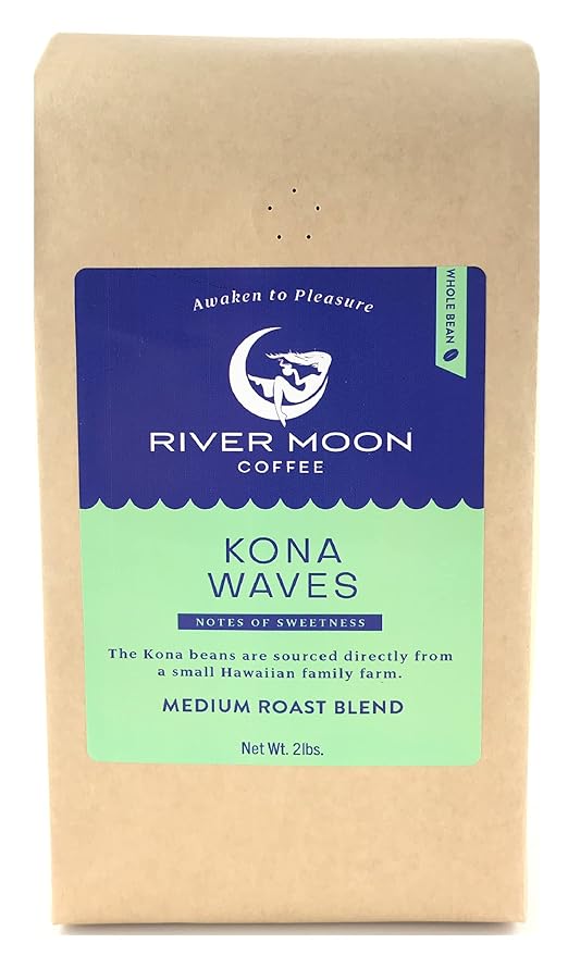 River Moon Coffee, Kona Coffee Whole Bean, Medium Roast, 2 lbs, Kona Waves Hawaiian Blend