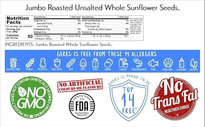 Jumbo Unsalted Sunflower Seeds In Shell by Gerbs – 2 LBS - Top 14 Food Allergen Free & NON GMO