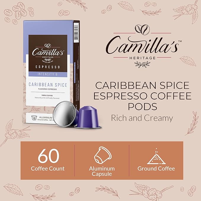 Camilla’s Heritage - Intensity 8 Caribbean Spice Flavored Espresso Coffee, Gourmet Espresso Cups