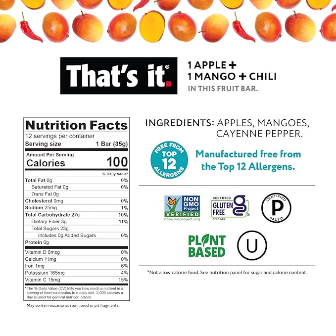 That's it. Apple+Mango+Chili 100% Natural Great Tasting Real Dried Fruit Bar, Vegan, Gluten Free