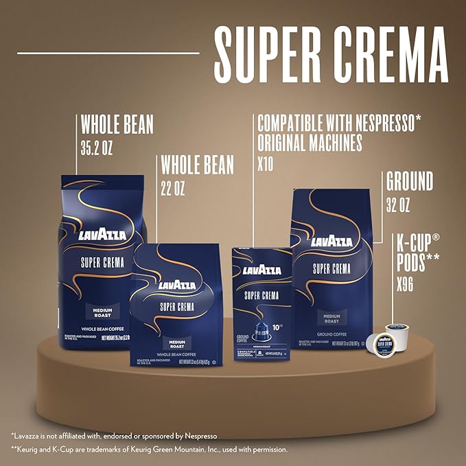 Lavazza Super Crema Whole Bean Coffee, Medium Espresso Roast, Arabica and Robusta Blend, 22 oz Bag