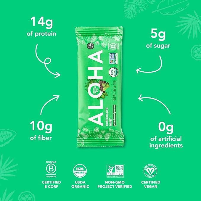 ALOHA Organic Plant Based Protein Bars, Chocolate Mint, 1.98 Oz (Pack of 12)