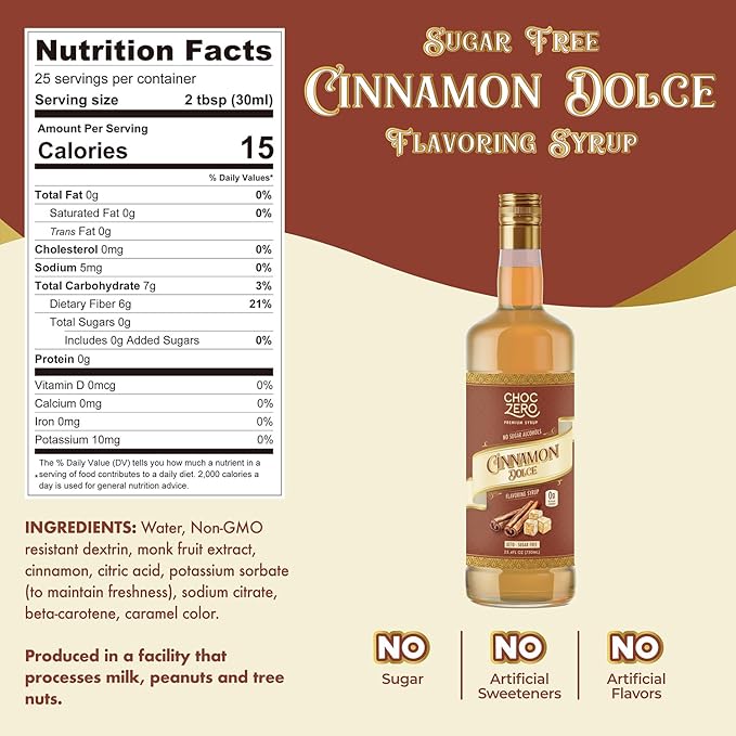 ChocZero Sugar Free Coffee Syrup, Cinnamon Dolce Flavor, Simple Syrup Drink Mix, Brown Sugar Latte
