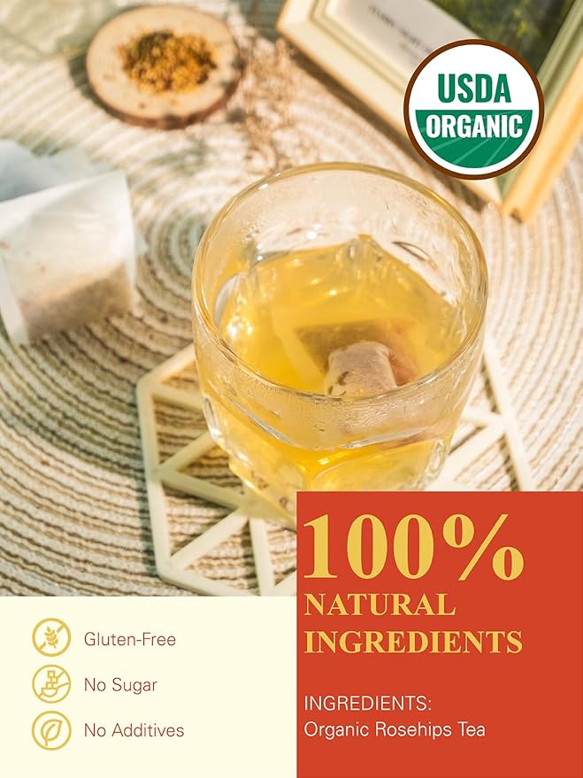 GLDNT Organic Rosehips Tea Bags, Organic Rose Hips, Fruity Flavor and Aroma, Caffeine Free, 100
