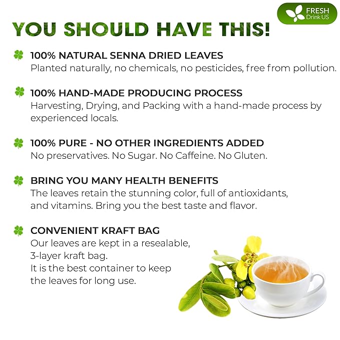 FreshDrinkUS, Permium 10oz Senna Leaves, 100% Natural & Pure from Senna Leaves, Senna Leaf Tea