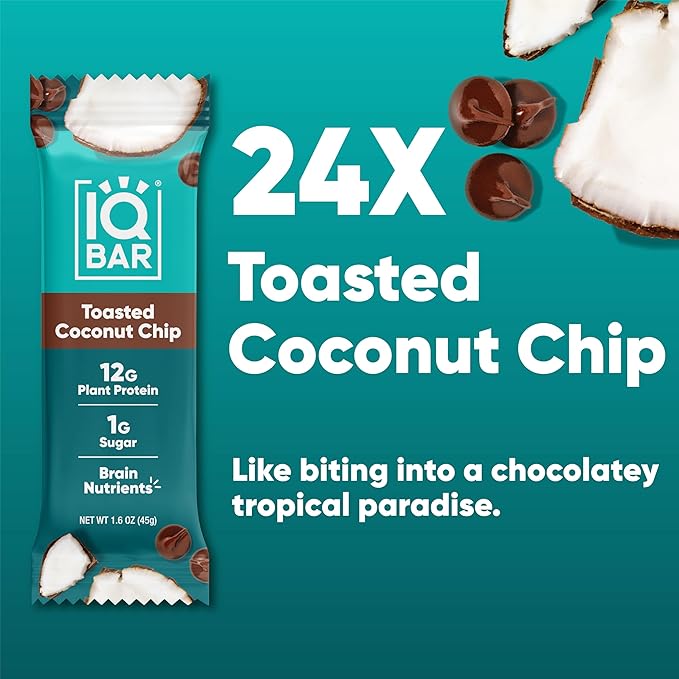 IQBAR Brain and Body Plant Protein Bars - Toasted Coconut Chip - 24-Count Low Carb - Gluten Free