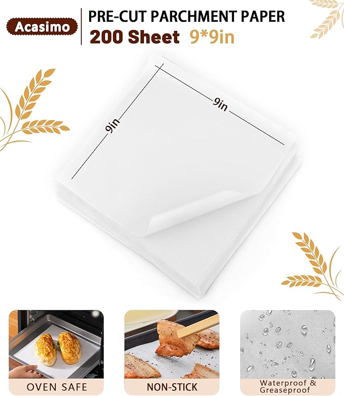 200PCS Parchment Paper Sheets, 9x9in, Squares Baking Paper for Baking, Air Fryer, Steaming