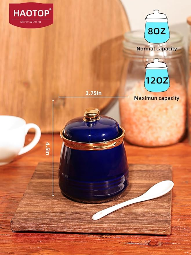 HAOTOP 12oz Sugar Bowl with Lid and Spoon,Simple Ceramic Sugar Jar Sugar Container Sugar Dispenser