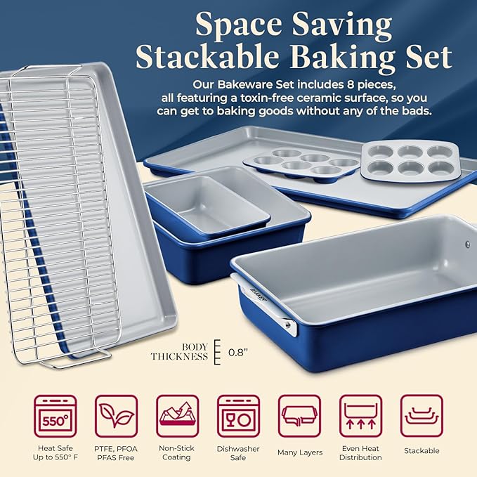Bakken 8-Piece Stackable Bakeware Set - Ceramic Non-Stick Coating, Baking Sheets, Assorted Baking