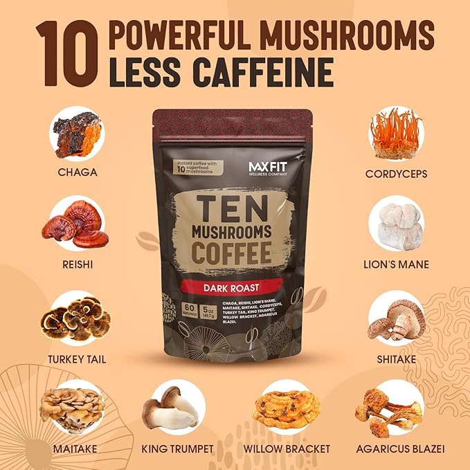 Instant Mushroom Coffee Dark Roast (60 Servings) With 10 Mushrooms (Lions Mane, Cordyceps, Turkey