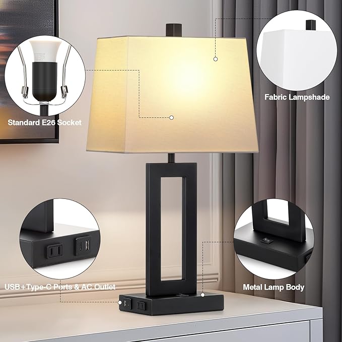 Table Lamp Set of 2 with USB C+A Ports & AC Outlet, Bedside Lamps, Modern Bedroom Lamps, Black