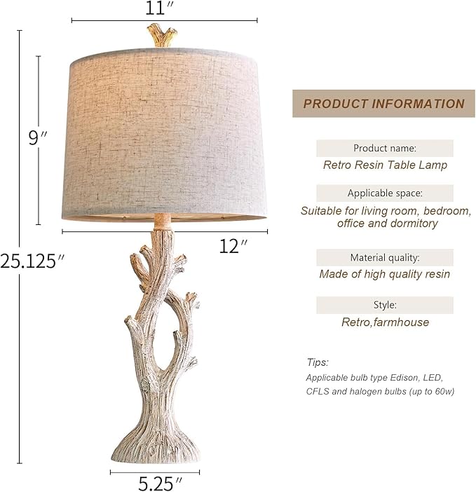 OYEARS Farmhouse Table Lamps Set of 2 for Living Room Bedroom Bedside Tree Lamp Nightstand End