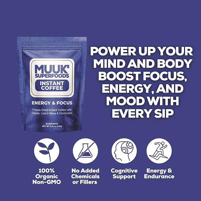 MUUK' SUPERFOODS | Energy & Focus Mushroom Coffee | Organic Freeze-Dried Instant Coffee with Cacao