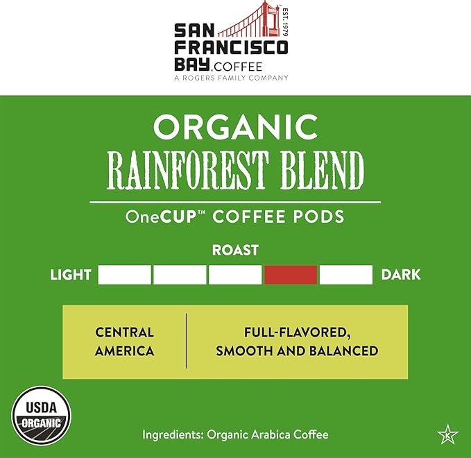 SF Bay Coffee OneCUP Organic Rainforest Blend 36 Ct Medium Dark Roast Compostable Coffee Pods, K