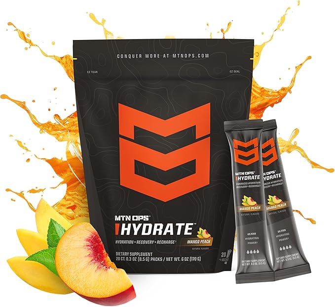 MTN OPS Hydrate Electrolytes Powder Drink Mix, 20 Single Serving On-The-Go Electrolyte Packs with
