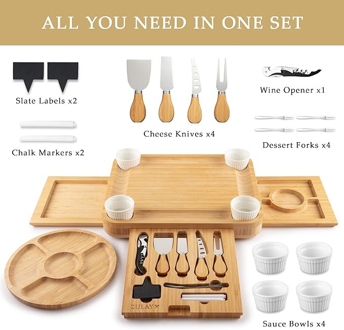 Zulay Kitchen Deluxe Bamboo Cheese Board Set - Extra Thick Bamboo Charcuterie Board Set with 4