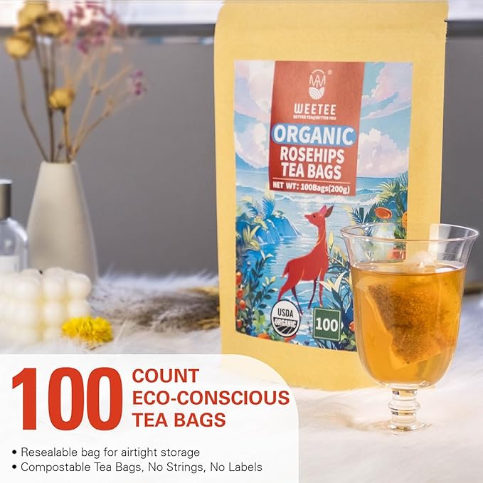 WT WEETEE Organic Rosehips Tea Bags, Made with 100% Natural & Pure Crushed Rose Hips, Natural