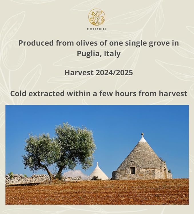 Extra Virgin Olive Oil Cold Pressed Organic. High polyphenol olive oil from Puglia Italy. Fresh