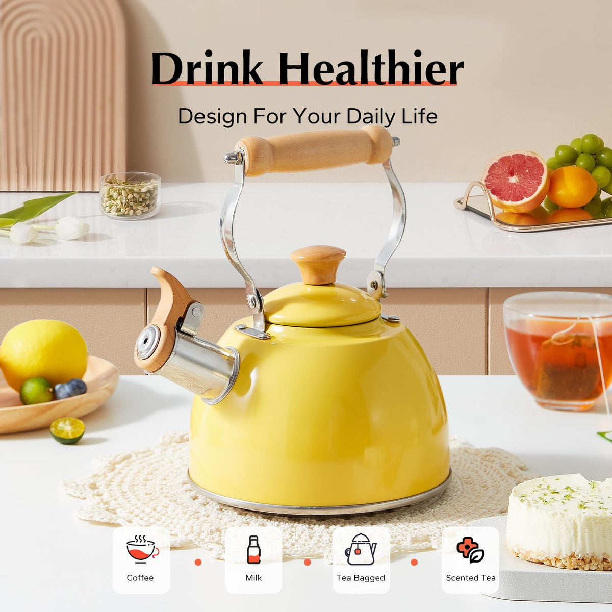 ROCKURWOK Tea Kettle, Tea Pot with Cool Touch Ergonomic Handle, Teapot Food Grade Stainless Steel