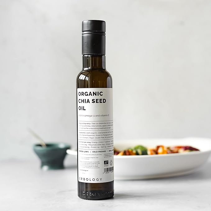 Erbology Organic Chia Seed Oil 8.5 fl oz - Cold-Pressed - Rich in Omega-3 (66%) and Vitamin E (330%