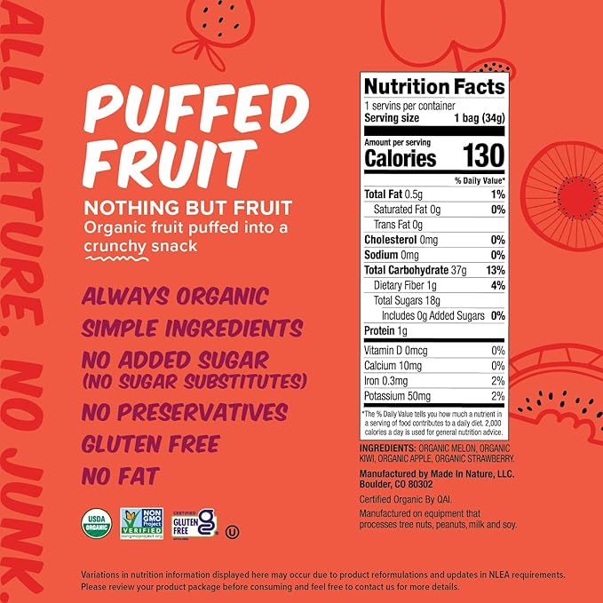 Made In Nature Organic Puffed Fruit Medley, 1.2 Ounce (Pack of 6) ??Fruit Variety Pack, Vegan