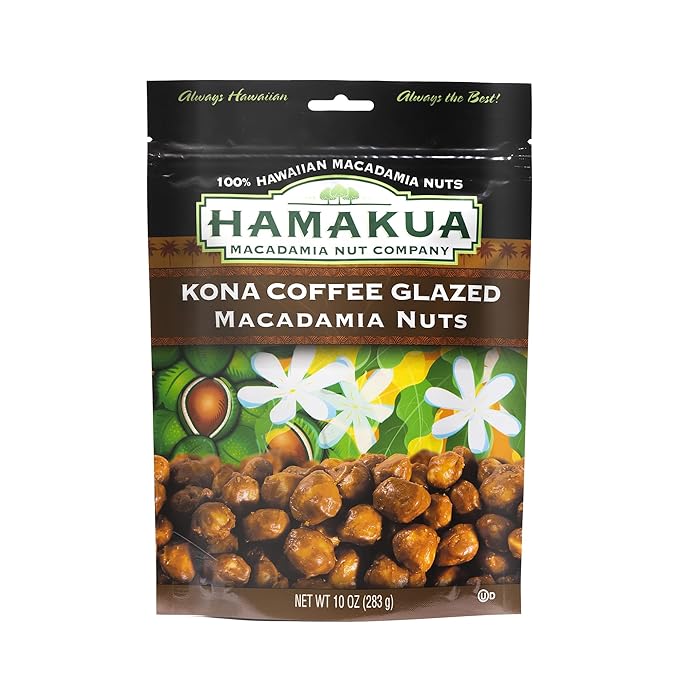Hamakua Macadamia Nuts - Sweet Glazed Kona Coffee - Hawaiian Grown Flavored Dry Roasted Half and