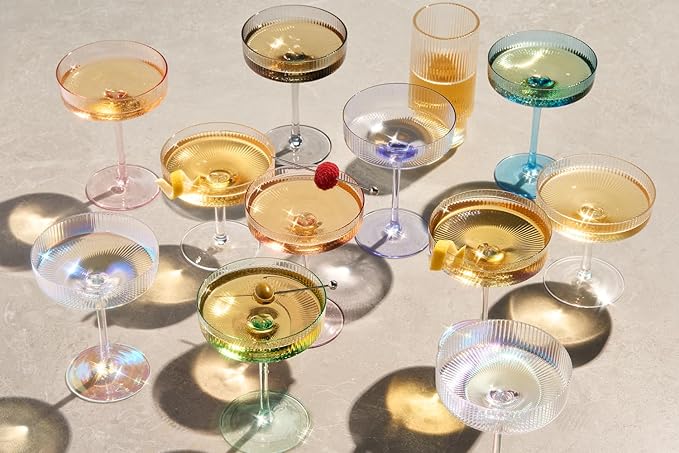 Khen Ribbed Vintage Art Deco Coupe Glasses - Martini, Champagne & Cocktail Ribbed Glasses 8oz |