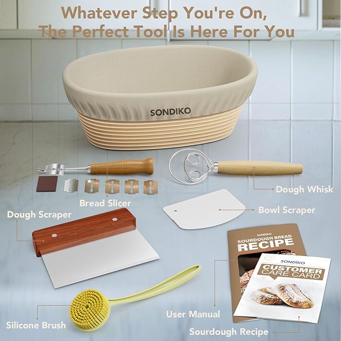 Sondiko Sourdough Starter Kit, Sourdough Bread Baking Supplies, Oval Banneton Bread Proofing Basket