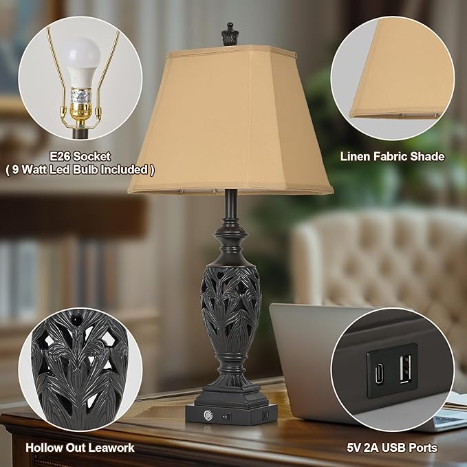 29.5" H Touch Traditional Table Lamp Set of 2,Vintage Bedside Nightstand Lamps with Dual USB and
