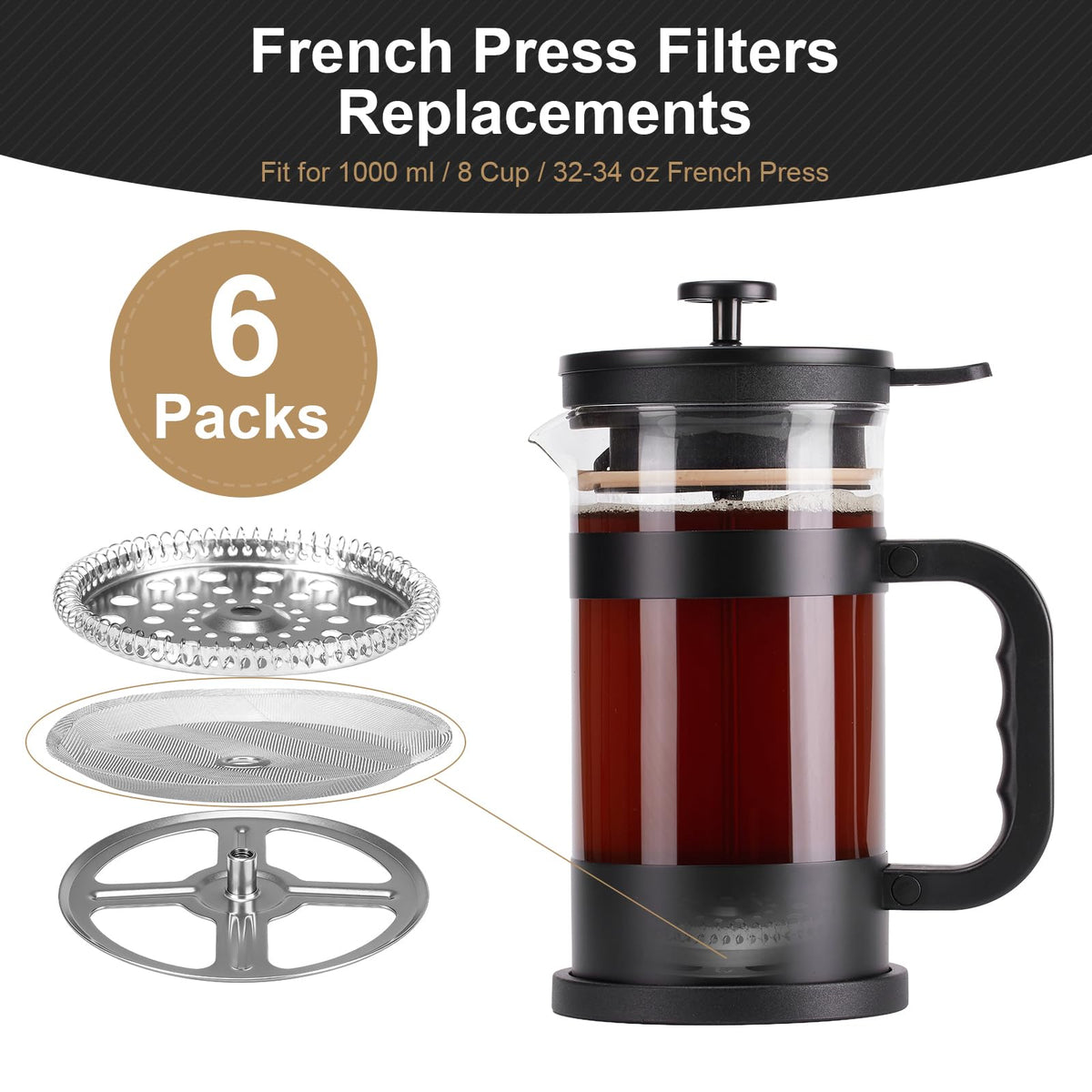6 Packs French Press Filters Replacements, 4 Inch Premium Stainless Steel French Press Screen