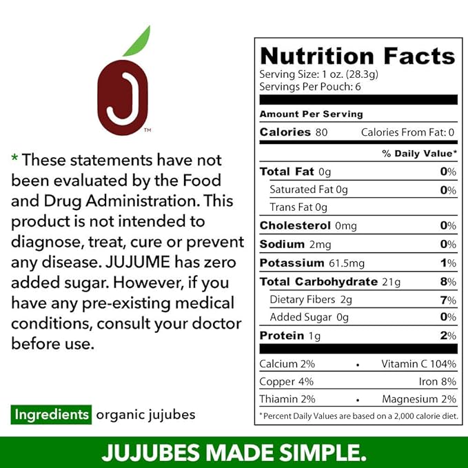 JUJUME | USDA Organic California Grown Jujubes Red Dates | Individually Sorted 3X for QA | High Grade Superfood | Healthy Dried Fruit | Certified All-Natural Non-GMO | 6 oz. bag