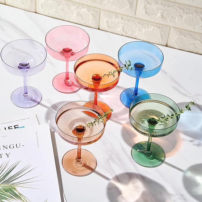 Khen Ribbed Vintage Art Deco Coupe Glasses - Martini, Champagne & Cocktail Ribbed Glasses 8oz |