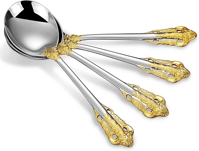 KEAWELL Gorgeous Round Soup Spoon, Set of 4, 18/10 Stainless Steel, Luxury Bouillon Spoon