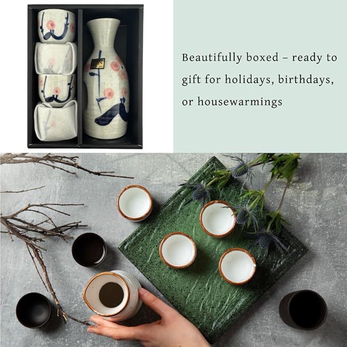 JapanBargain 4979, Japanese Porcelain Plum Sake Set Sake Carafe Bottle Sake Cups for Serving Hot