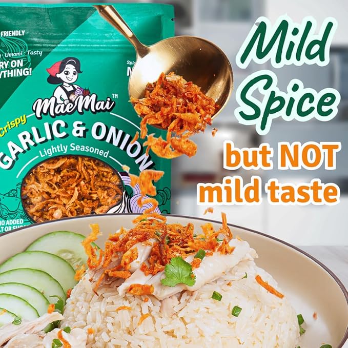 MaeMai Chili Crisp (MILD Spice) - Premium Onion & Garlic Flakes - Crispy All-Purpose Seasoning