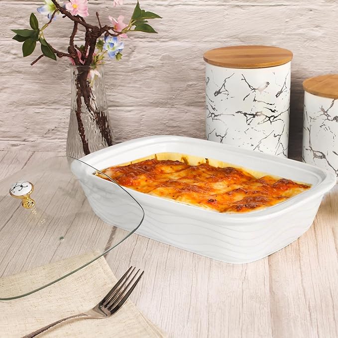 12" x 8" Ceramic Casserole Baking Dish With Glass cover, Lasagna Pan Deep for Oven, 2.2 Quarts