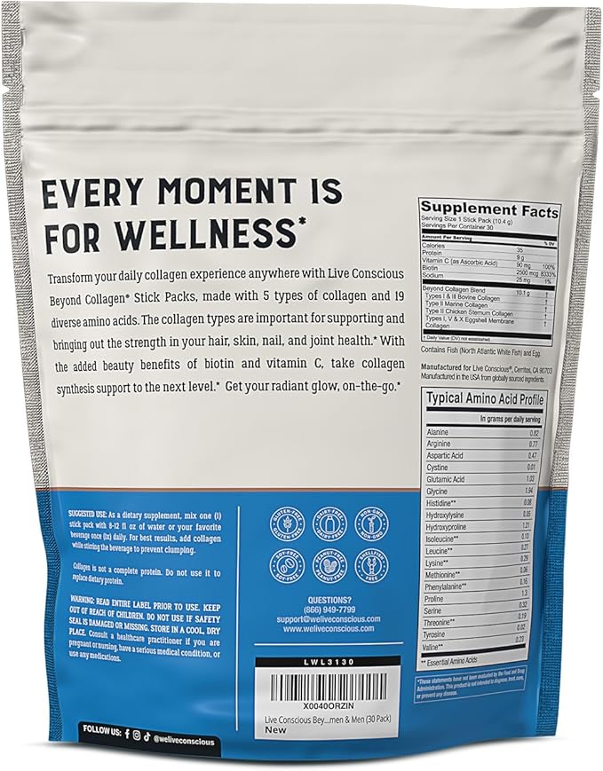 Live Conscious Beyond Collagen Peptides Powder Unflavored Packets - Hydrolyzed Collagen Powder