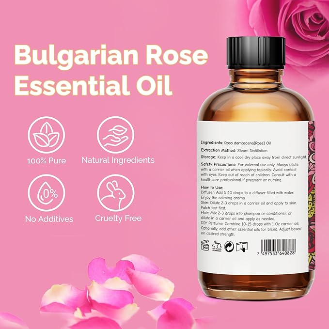 Rose Essential Oil 4 Oz, 100% Pure Natural Rose Oil for Diffuser, Skin, Hair, Body, Face Care