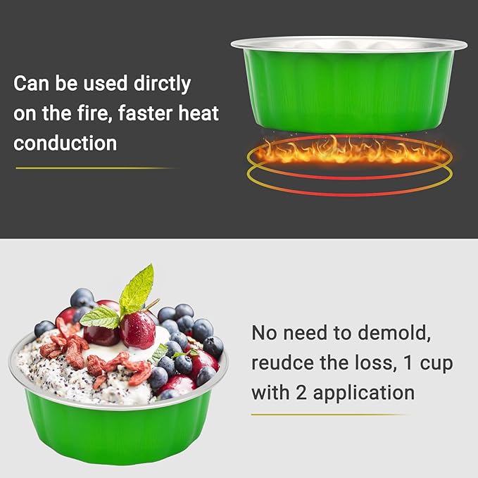 Beasea Disposable Ramekins 8oz, 100 Pack Foil Cups with Lids Cupcake Cups Grass Green Aluminum Foil