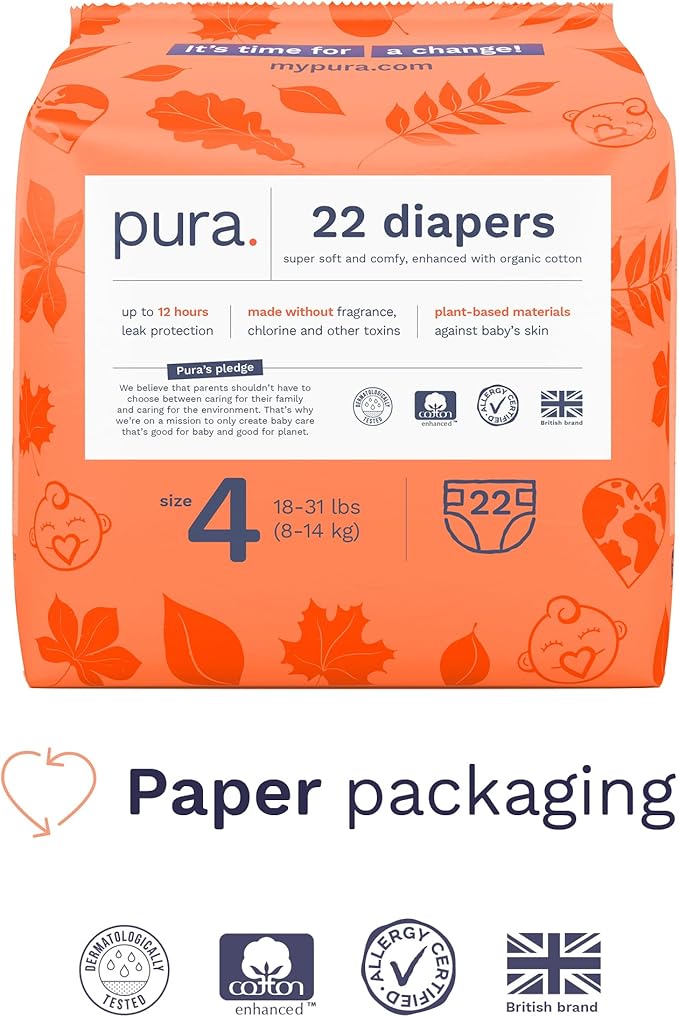 Pura Size 4 Diapers, 66 Count, Unisex, Organic Cotton, Leak-Free, Plant-Based, Dermatologically