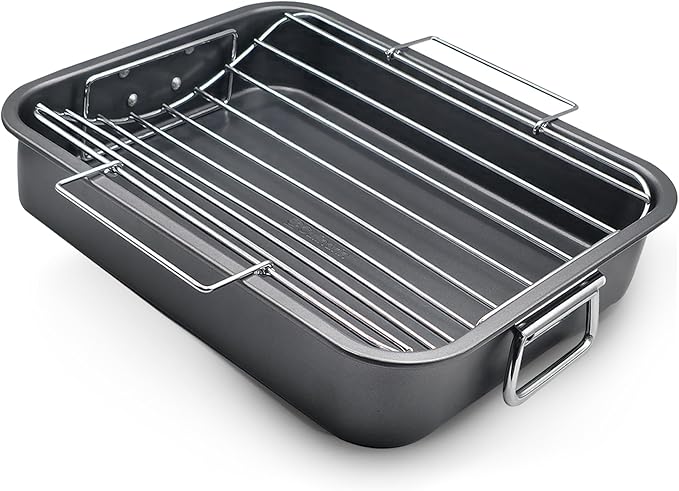 Roasting Pan With Rack 11" x 15" - Non Stick Large Roaster Pan and V-rack with foldable handles