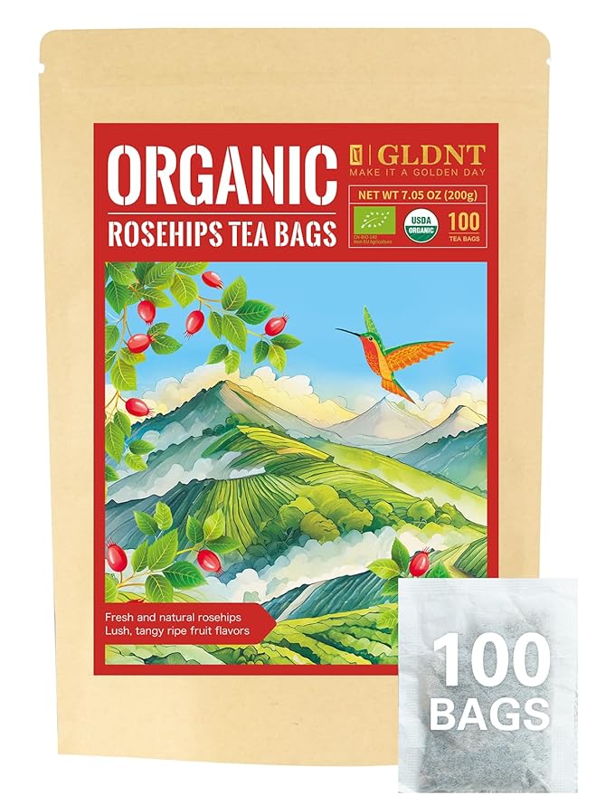 GLDNT Organic Rosehips Tea Bags, Organic Rose Hips, Fruity Flavor and Aroma, Caffeine Free, 100