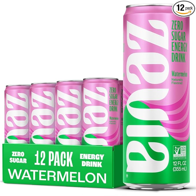 Zevia Zero Sugar Energy Drink, Watermelon, 12 oz Cans (12-Pack) – Naturally Sweetened, Non-GMO
